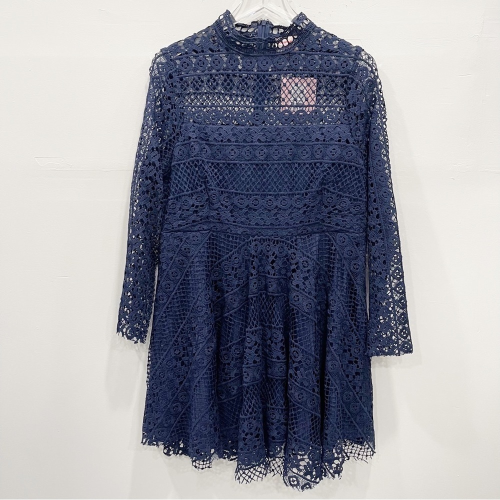 Showpo Hidden Figures Mini Dress in Navy Lace Women’s 14 A-Line High Neck - Picture 3 of 16